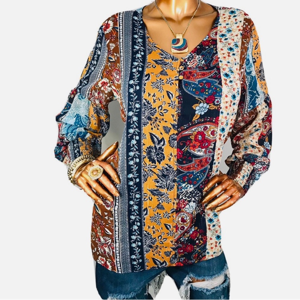 dressbarn Multicolor Patchwork V-Neck Boho Blouse